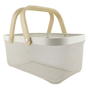 White Metal Basket with Bamboo Handle