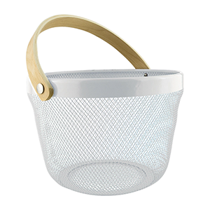 White Metal Basket With Bamboo Handle