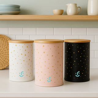 Set of 3 Cylindrical Metal Containers - Bamboo Lid