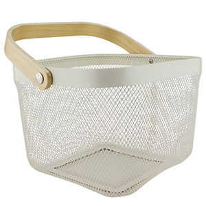White Metal Basket With Bamboo Handle