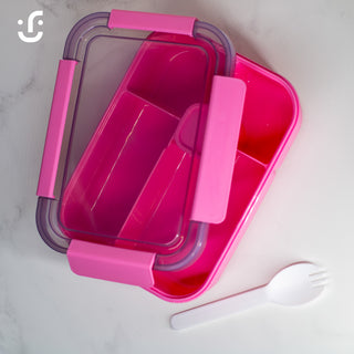 Pink Bento-Style Lunch Box with Dividers and Spoon