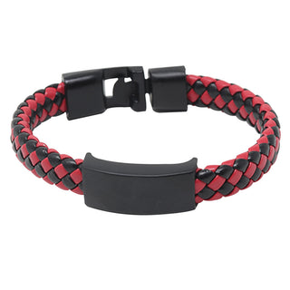 BLACK-RED LEATHER MEN'S BRACELET W/PLATE LARGE