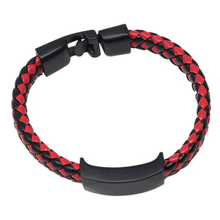 BLACK-RED LEATHER MEN'S BRACELET W/PLATE LARGE