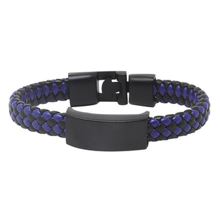 BLACK-BLUE LEATHER MEN'S BRACELET W/PLATE LARGE