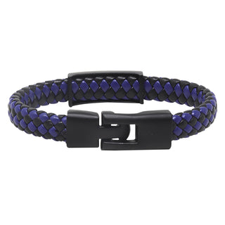 BLACK-BLUE LEATHER MEN'S BRACELET W/PLATE LARGE