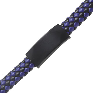 BLACK-BLUE LEATHER MEN'S BRACELET W/PLATE LARGE